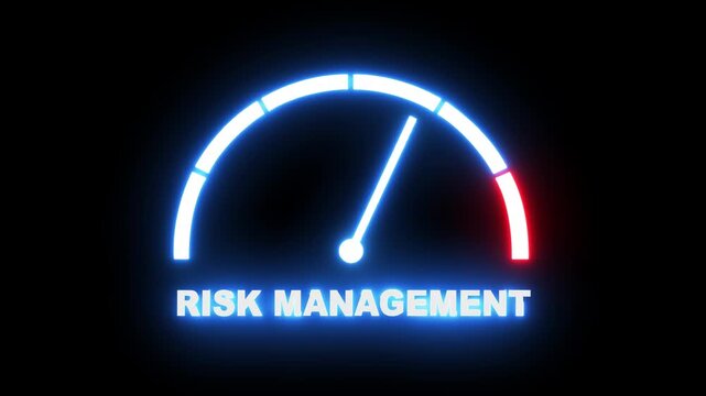 Risk management level meter showing progress from beginner low blue zone to expert high red zone. Risk management level speedometer gauge with low and high levels.