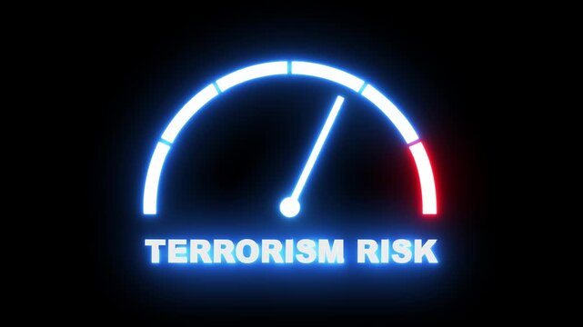 Terrorism risk level meter showing progress from beginner low blue zone to expert high redzone. Terrorism risk level speedometer gauge with low and high levels.