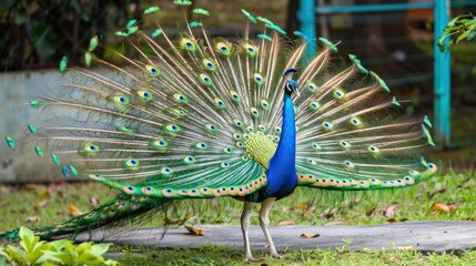 Colorful Peacock Displaying Fanned Tail in Garden with Green Foliage