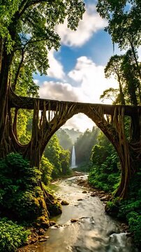Sunlight illuminates a natural root bridge over a flowing river in a vibrant