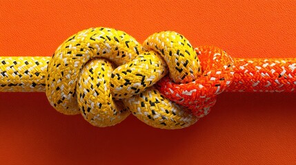 Colorful Rope Knot with Yellow and Orange Strands on Bright Orange Background