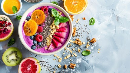 Colorful Smoothie Bowl with Fresh Fruit and Nuts on Light Surface