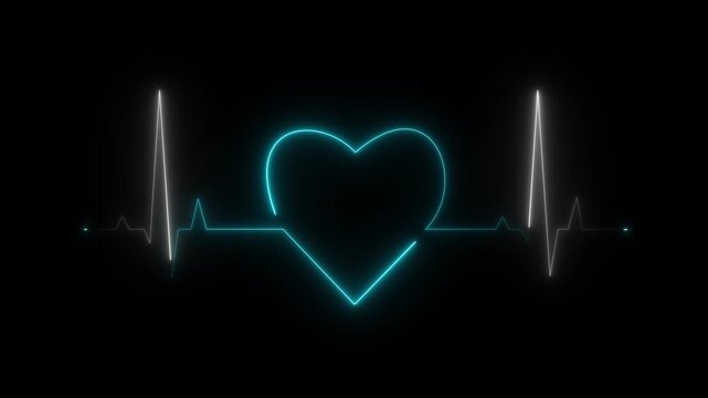 Abstract heart beats, cardiogram. Cardiology black background with red heart. Pulse of life line forming heart shape. Medical design with red heart