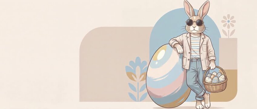 Animated illustration of a cool Easter bunny wearing sunglasses and casual clothes leaning on a giant egg. Cartoon rabbit holding a basket of eggs with pastel background. Easter holiday concept