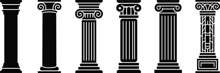Classic column icon set featuring ancient Greek and Roman pillars in silhouette style, architectural temple elements for history and building design isolated on white background.