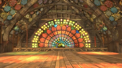 Colorful Stained Glass Window in Wooden Attic with Stage Lighting