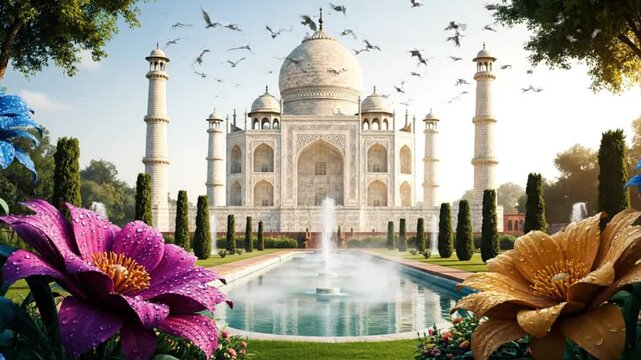Majestic Taj Mahal monument viewed through vibrant foreground flowers showcasing stunning Mughal architecture and surrounding tranquil reflecting pool waters