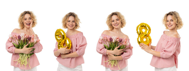 Naklejka premium Girl with flowers and balloons for Women's Day, isolated, PNG
