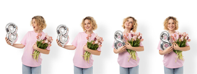 Naklejka premium Girl holds balloons and flowers for women's day, isolated, PNG