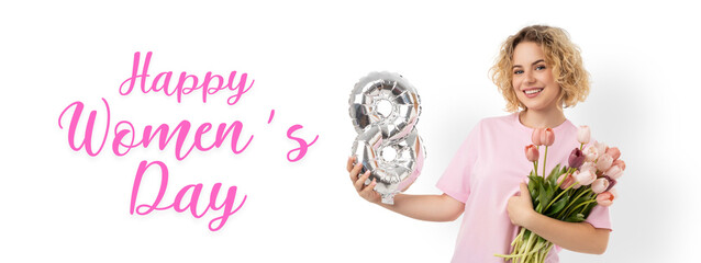 Naklejka premium Woman holds flowers and a balloon in celebration, isolated, PNG