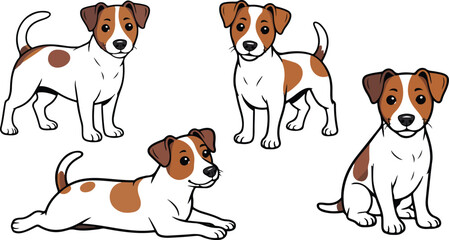 A cartoon illustration of four Jack Russell Terrier dogs in different poses on a white background. © Mossadessur Rahman