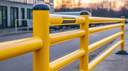 A bright yellow safety barrier with integrated reflective elements stands outdoors near a road