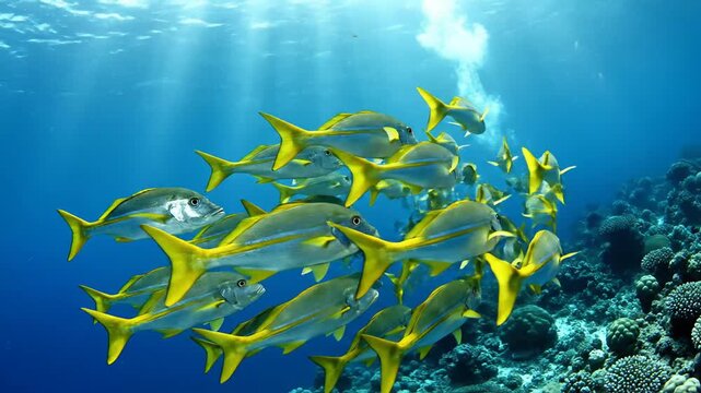 School of Yellowtail Snapper Fish Swimming Together in Tropical Ocean Water