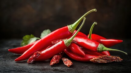 A close-up of vibrant red chili peppers, some fresh and some dried, arranged on a dark surface.