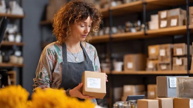 Woman works in a shop packing items in boxes during daytime in a busy market location with shelves full of products