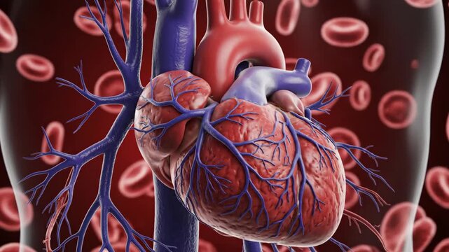 Detailed human heart with pulsing blood cells in background