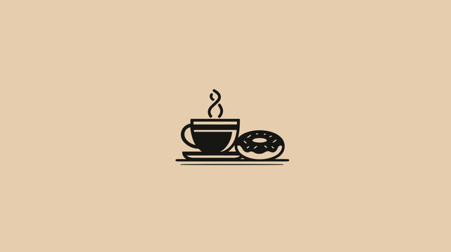 Monochrome illustration of a coffee cup with steam and a donut on a saucer, minimalist aesthetic