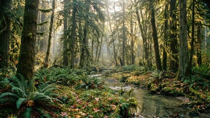 Fototapeta premium Sunlight filtering through ancient trees illuminating a lush forest with a winding stream and abundant greenery