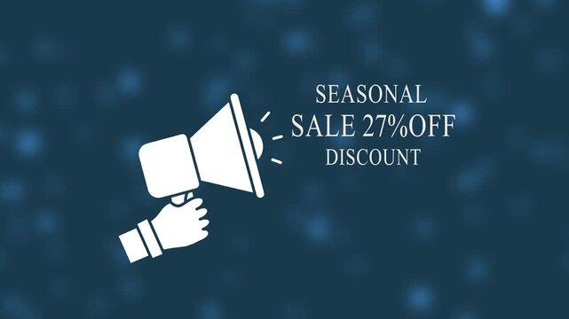 Seasonal sale discount announcement with megaphone on blue background promotion