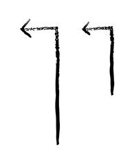 Fototapeta premium Vertical arrows turning left grunge doodle design element set. Sharp angle leftward flow. Reverse move. Handdrawn pointers. Dynamic sketchy rough direction cliparts. Distressed black ink line symbols