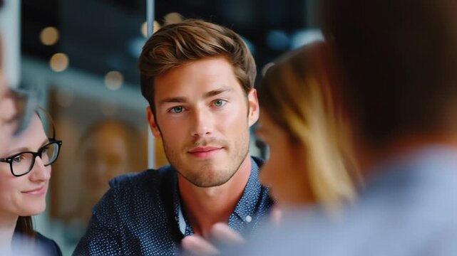 Young businessman in office meeting talks to colleague and gestures with hand; his expression shifts from serious to friendly smile as camera cuts slightly, modern teamwork discussion.