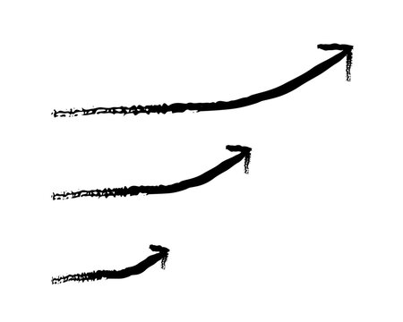 Curved end up arrows grunge doodle design element set. Arching upward rightward. Flexible rise. Handdrawn pointers. Dynamic sketchy rough direction cliparts. Distressed black ink line symbols