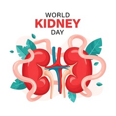 Obraz premium World kidney day illustration with realistic kidneys and botanical greenery