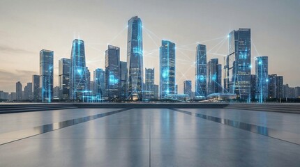 Obraz premium Abstract smart city and IoT technology concept with modern urban skyline
