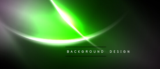 Abstract green background features curved lines, glowing effects. Dark shades dominate with bright highlights creating dynamic visual.