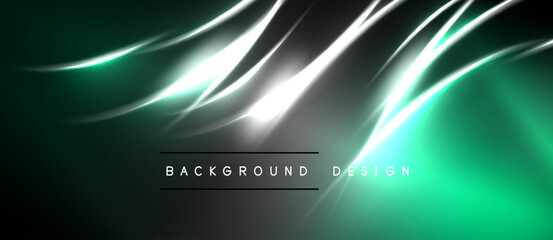Naklejka premium Abstract flowing lines, vibrant green hues, dark background. Modern design element, sleek curves create dynamic visual impact.