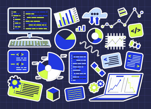 Data analytics and programming colorful die-cut sticker sheet. Coding screens. Charts dashboards. Metrics. Flat cartoon collage design. Vector illustration. Labels pack for journaling, scrapbooking