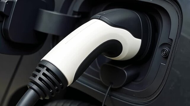 Electric vehicle charging process shown with a connected plug at different angles for sustainable energy and future mobility