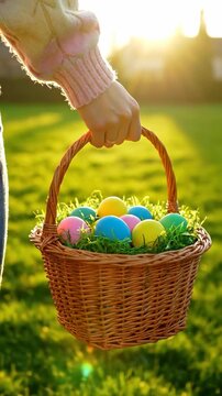 Vertical video of a hand holding a wicker basket full of colorful Easter eggs. Golden hour sunset in a green field. Spring holiday and Easter hunt concept