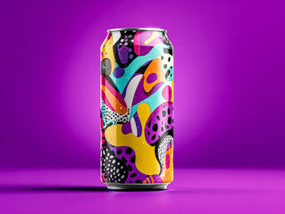 Obraz premium A vibrant beverage can featuring an abstract design with bold colors and patterns, set against a purple background. Ideal for showcasing modern packaging.