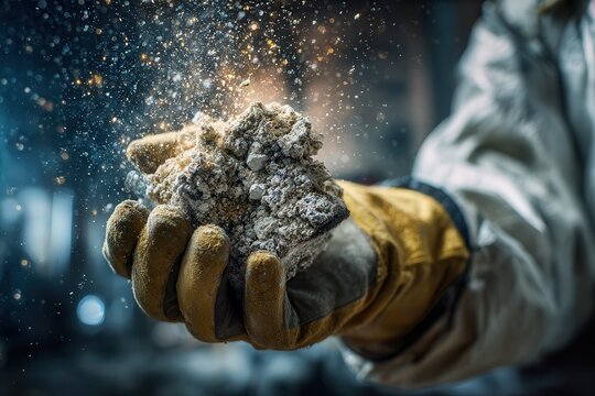 gloved hand holding a sample of crumbling asbestos insulation