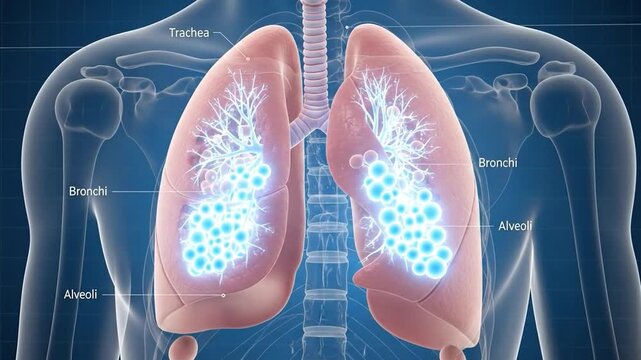 3D Human Lungs Inflating and Breathing with Clean Oxygen Flow with Copy Space