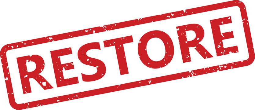 A rectangular red grunge rubber stamp with the word RESTORE in uppercase letters against a white backdrop