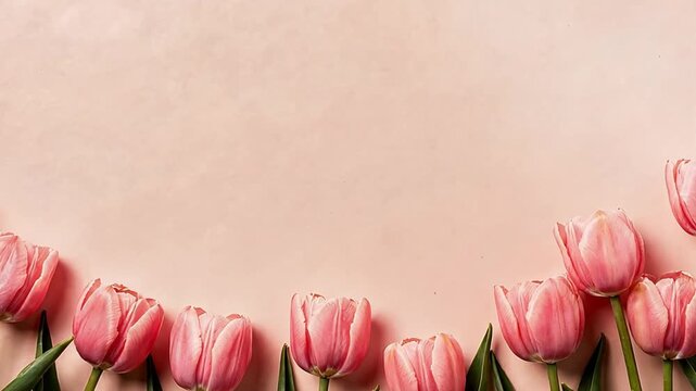 Pink tulip arrangement in top and bottom frames with blank center. Seasonal floral decor for greeting card background and spring celebration.