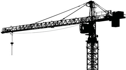 A black and white illustration of a construction crane. It is silhouetted against a white background