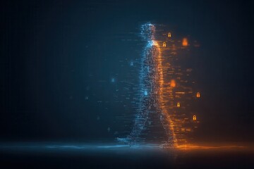 Obraz premium Human silhouette made of floating digital particles, with sections pixelated for privacy. 
