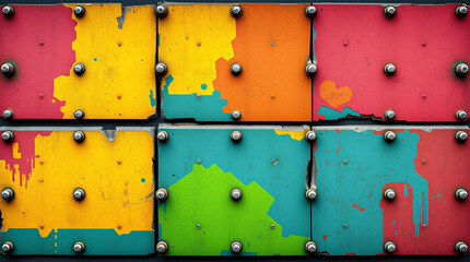 Colorful stylized sci-fi metal wall panel texture with hand-painted game art aesthetic, weathering peeling paint, and industrial rivets for background or game design assets.
