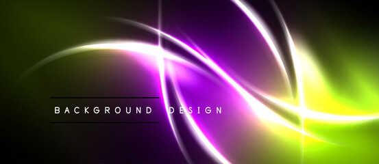 Naklejka premium Bright neon lines create dynamic abstract background. Purple, green hues blend, forming swirling energy patterns. Text reads background design.