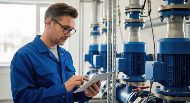 Man technician using digital tablet to monitor industrial pumps in factory. Equipment maintenance and inspection process. Modern manufacturing technology and engineering concept