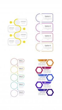 Scientific researching infographic 4, 5 steps template animation set. Sequence options HD video collection. Animated blank diagram visualization. Process layout empty design. Motion graphics