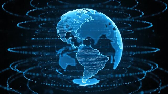 A digital globe rendered in blue, surrounded by swirling lines, set against a dark backdrop