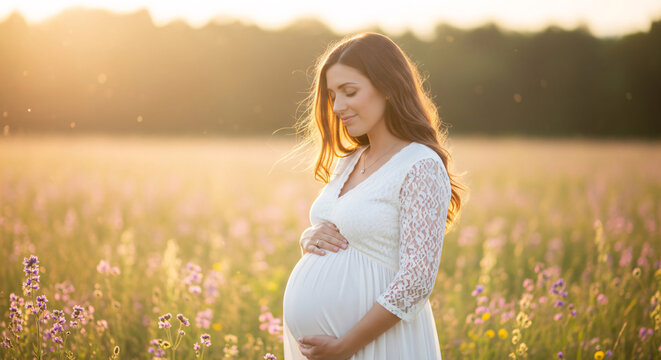 Beautiful pregnant woman embracing baby bump in sunlit field of wildflowers, golden hour maternity portrait.
