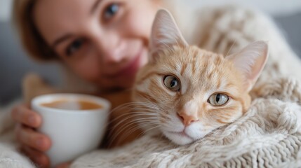 Happy woman with her ginger cat and coffee on the sofa.