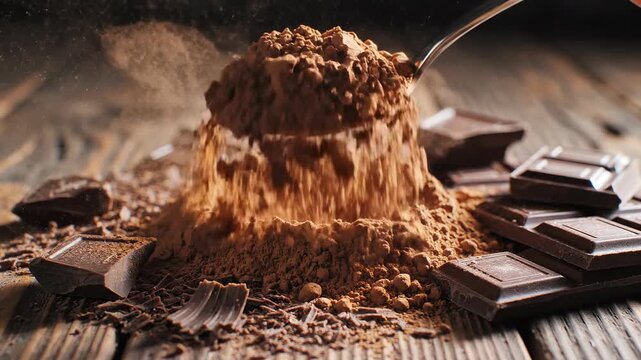 Scooping rich cocoa powder with chocolate pieces on rustic wooden table, close-up