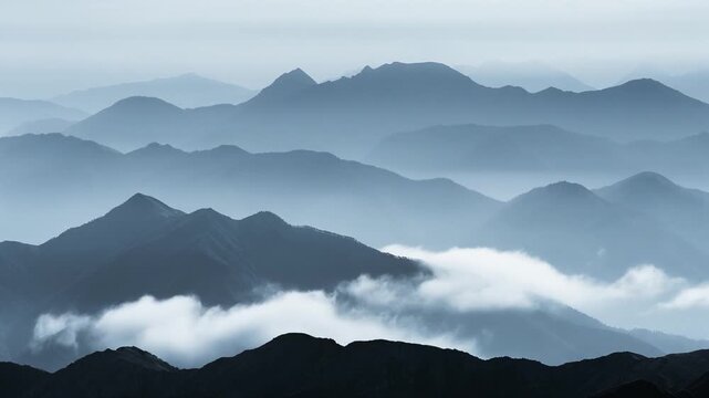 Landscape 16:9 cinematic video of layered blue mountain ranges with soft mist and slow drifting clouds, calm atmospheric nature scene, 4K resolution, seamless looping motion