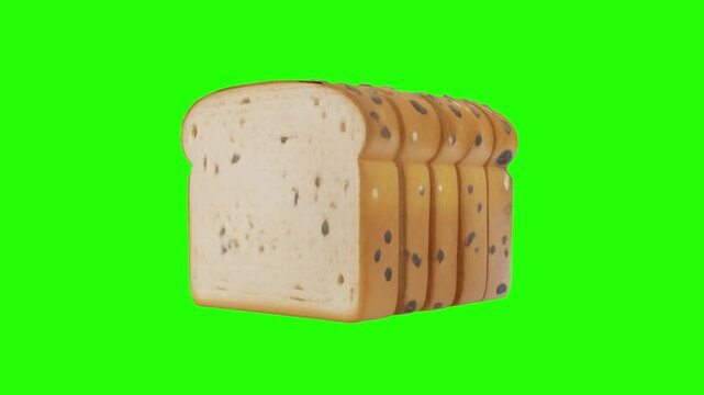 Sliced White Bread Loaf Isolated on Green Screen, 3D Bakery Food Object for Video Compositing and Product Mockups